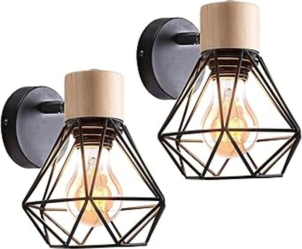 iDEGU Wandleuchte im Industrial-Stil (2er-Set) — Metallkäfig-Design, Holzsockel, verstellbare Vintage-Innenbeleuchtung — Geeignet fur Schlafzimmer, Flure, Wohnzimmer — 16 cm (Stil B, Schwarz) [Energieeffizienzklasse A]