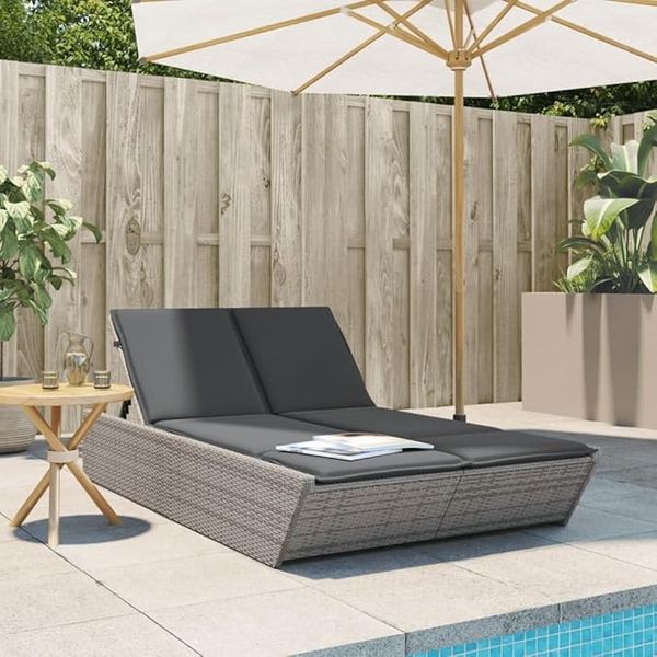 IKAYAA Gartenliege im Bali-Stil, verstellbare Doppel-Rattanliege mit verstellbarer Rückenlehne, Gartenbett / Doppelschlafsofa für Garten und Terrasse, Grau