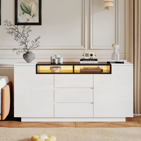 Sideboard mit LED-Beleuchtung, 2 Schränken & 3 Schubladen 140x40x68 cm Weiß+Schwarz