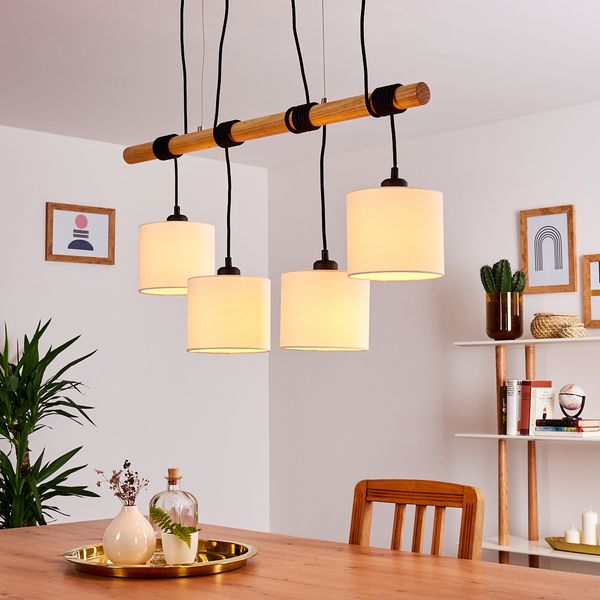 hofstein Pendelleuchte »Savuto« Hängelampe aus Metall/Holz/Textil in Weiß/Natur/Schwarz, ohne Leuchtmittel, 4xE27, Höhe max. 200cm, mit Holzbalken und Stoff-Schirmen