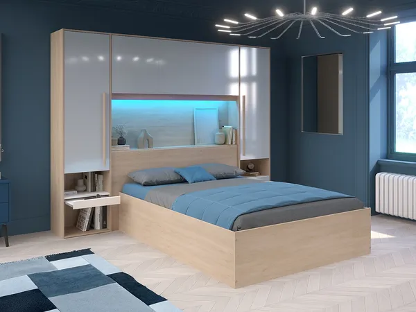 Vente-unique - VELONA Bett Holz, Platte BeigeWeiß - B 240 cm x H 202,8 cm x L 265,2 cm
