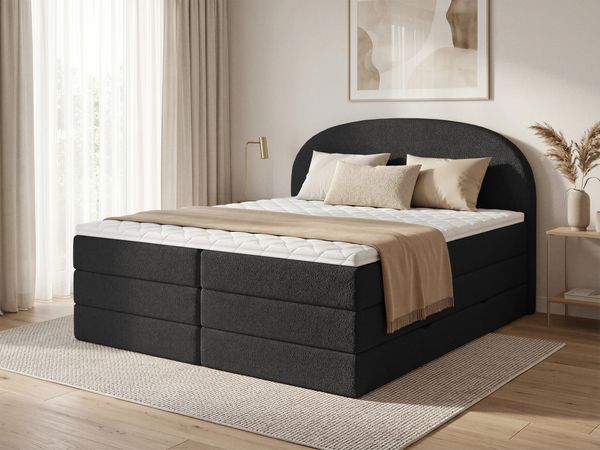 Boxspringbett Cloud XL mit 2 Bettkästen und Topper, mit Taschenfederkern- und Bonellfederkernmatratze, Doppelbett, Polsterbett aus Bouclé-Stoff mit Stauraum (Schwarz (Coral 60), 160 x 200 cm)