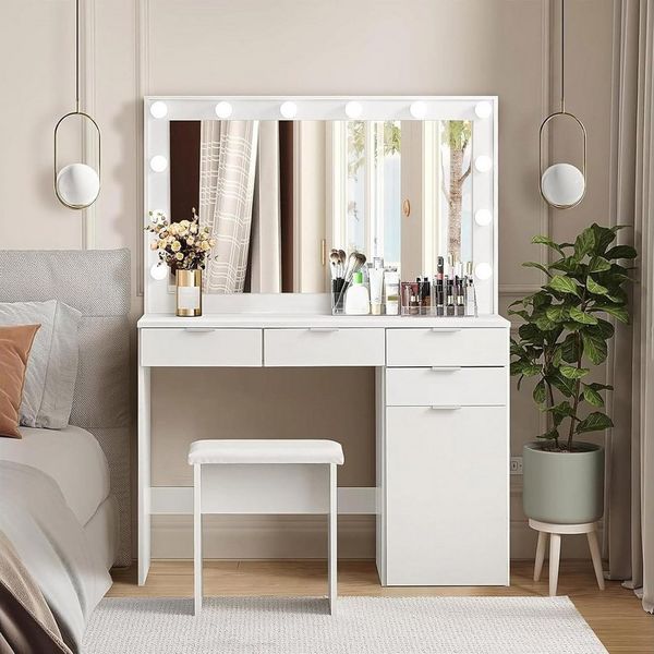 oyajia Schminktisch Kosmetiktisch mit Spiegel und Hocker, Kosmetikspiegel und 5 Schubladen (Make-up Tisch mit 5 Schubladen und 3 offene Ablagen, mit USB-Anschluss), Frisierkommode mit LED Beleuchtung,Schlafzimmermöbel Vanity Set