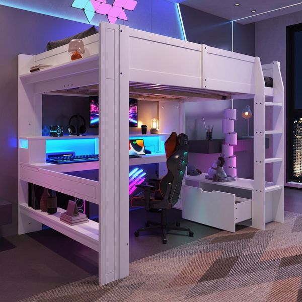 Merax Hochbett (Kiefernholz, 1-St, Jugendbett Einzelbett) Kinderbett 140x200cm mit LED- Beleuchtung Schreibtisch Schublade Regal