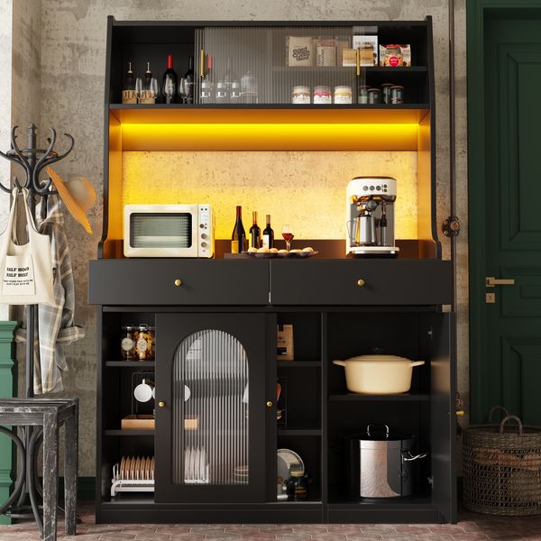 Küchenschrank mit LED-Beleuchtung 120x40x180 cm, schwarz, APP-Steuerung, 2 Schubladen & Glasfront