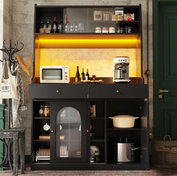 Küchenschrank mit LED-Beleuchtung 120x40x180 cm, schwarz, APP-Steuerung, 2 Schubladen & Glasfront