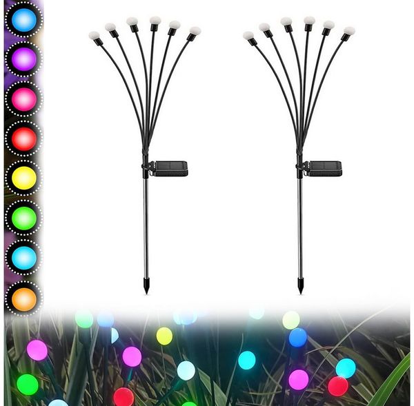 MUPOO LED Gartenleuchte LED-Lichterkette Leuchten Solarbetriebene Glühwürmchen IP65, 2 Stück, 6 LED-Leuchten, Solar Glühwürmchen Warmweißes/RGB,Garten Deko Glühwürmchen,6/8/10Köpfe