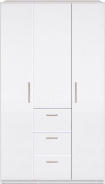 Kleiderschrank >Ward< 3 Türen, Kleiderstange, Böden, Weiß glänzend - 117x203x52 (BxHxT)