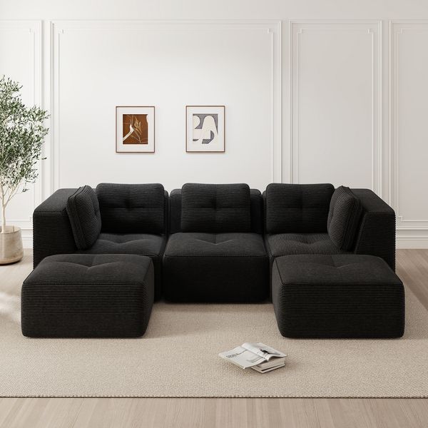 3-Sitzer Modulsofa H 69 x T 297 x B 177 cm aus Cord in Schwarz mit 74 cm Sitztiefe