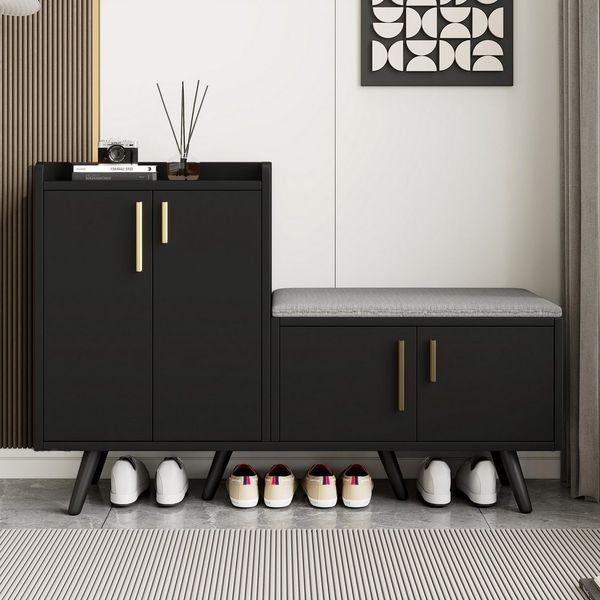 Ulife Schuhbank Schuhschrank mit Sitzbank und 4 Aufbewahrungstüren – Holzmaserung, asymmetrische Metallgriffe, verstellbare Böden (120 x 34 x 82 cm)
