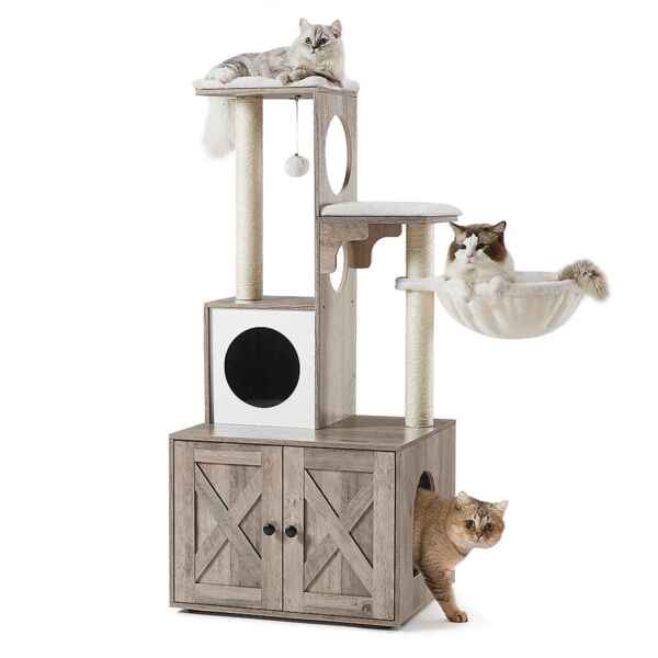 FEANDREA,Kratzbaum,2-in-1 mit Katzenklo, Sisalstämme, Hängematte