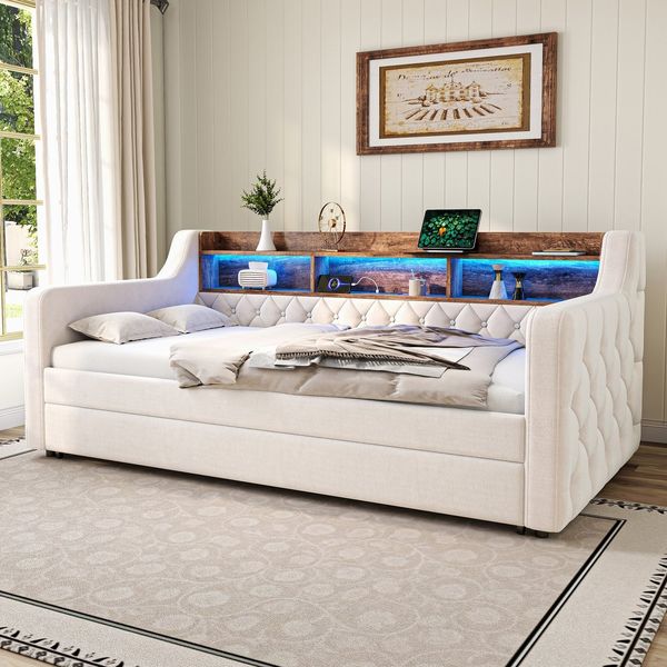 MODFU Schlafsofa Samt-Polsterbett mit integriertem Ausziehbett, mit LED-Beleuchtung und USB-C-Anschluss, Funktionsbett 90x190/90x190 cm, ohne Matratze
