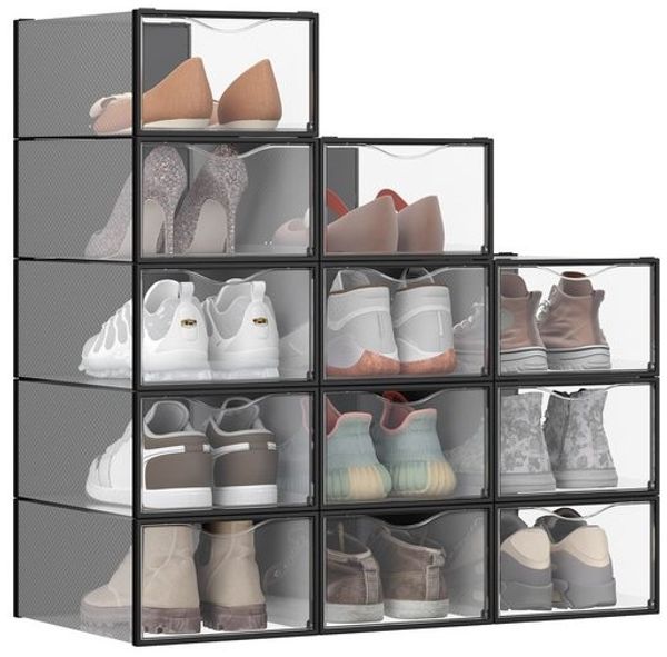 SONGMICS Schuhboxen, Schuh-Organizer aus Kunststoff, mit Tür, durchsichtig, 12er Set, stapelbar, einfache Montage, 33,2 x 23 x 14,5 cm, für Schuhe bis Größe 43, transparent-tintenschwarz