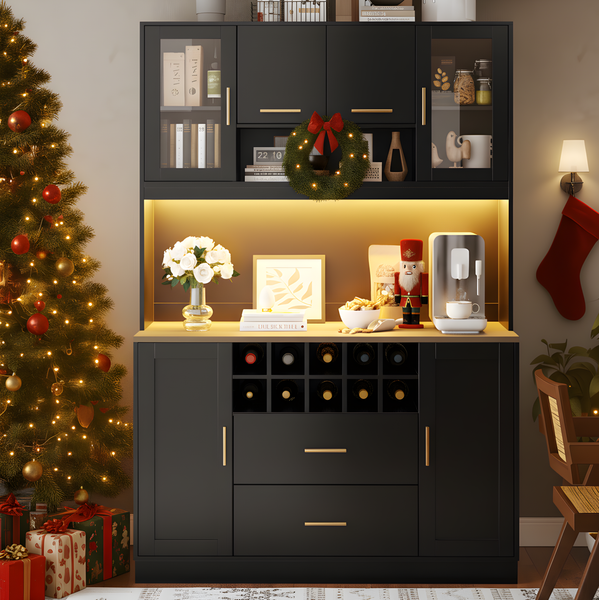Anrichteschrank mit LED-Beleuchtung & USB-Anschluss, 120 x 36,3 x 180 cm, Schwarz