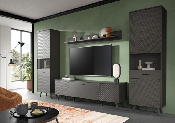 Wohnkombination (B/H/T: 331x195x40 cm) in grau matt tiefzieh