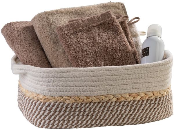 Home4You Aufbewahrungskorb, B 33 cm, H 13 cm, T 23 cm, Beige, Weiß, (1 St), Baumwolle, mit Griffen