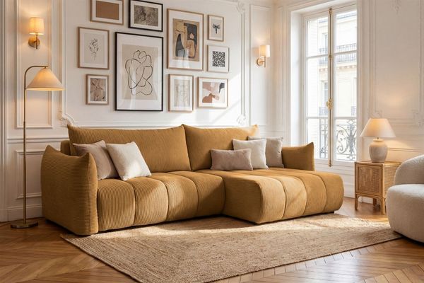 Ecksofa Schlafsofa ONTARIO in Stoff Poso Senfgelb Ottomane Rechts