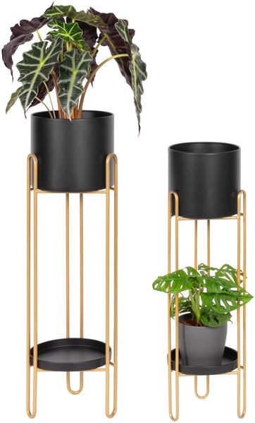 Blumenhocker 2er-Set, Metall-Blumenständer, Blumensäule schwarz/gold