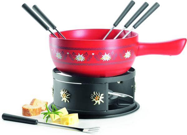 Käsefondue Set für 6 Personen, 11-teiliges Komplettset für Fondue nach Schweizer Art mit massivem Keramik Topf