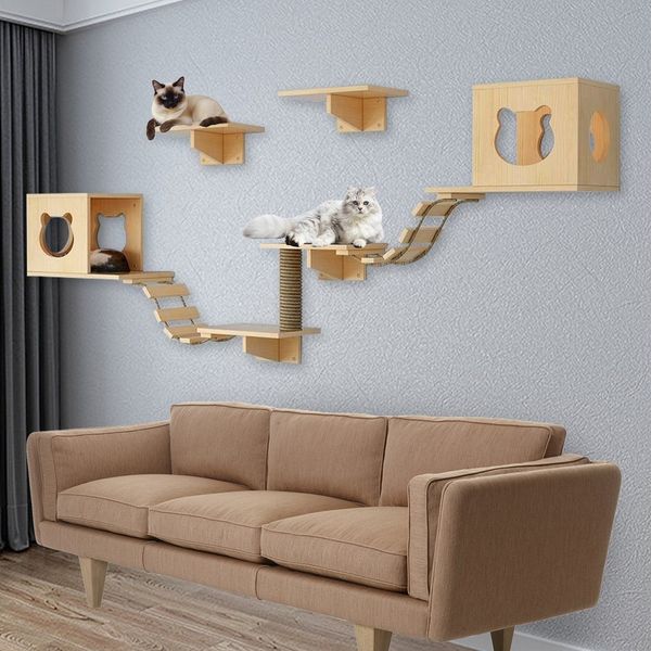 TWSOUL Katzen-Kletterwand 9/17 Stück Deluxe-Katzenmöbel aus Holz, Katzenbett, Klettergerüst, Tragkraft 12kg, Wandmontage im Innenbereich