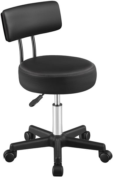 SONGMICS Hocker, Rollhocker höhenverstellbar, Drehhocker mit Rückenlehne, Bürohocker mit Rollen, PU-Bezug, bis 150 kg belastbar, für Kosmetikstudio, Labor, Werkstatt, schwarz OSC071B101