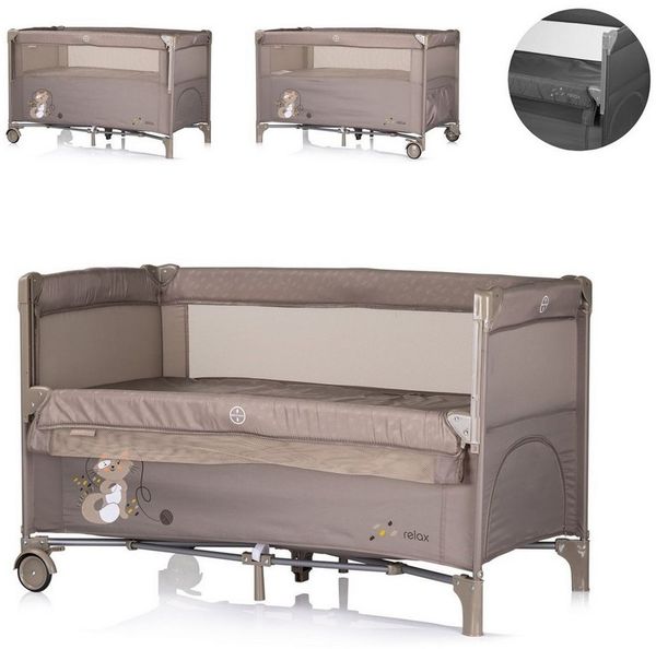 Chipolino Reisebett Relax 2 Ebenen, Vorderseite absenkbar, Seiteneingang, Tasche beige braun