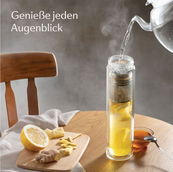 Cosumy Isolierflasche Teeflasche mit Sieb to Go 500ml - Doppelwandiges Glas mit Filztasche, Mit Hellgrauem Filz 500 ml - Glas Trinkflasche & Thermoskanne 0,5 l