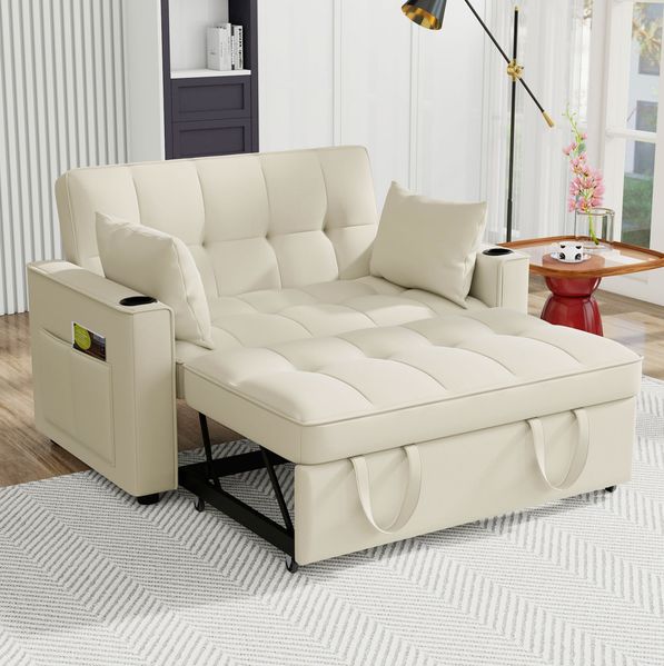 Multifunktions-Schlafsofa Samt Beige, 3-fach verstellbar mit Getränkehalter, 137x76,5x83 cm