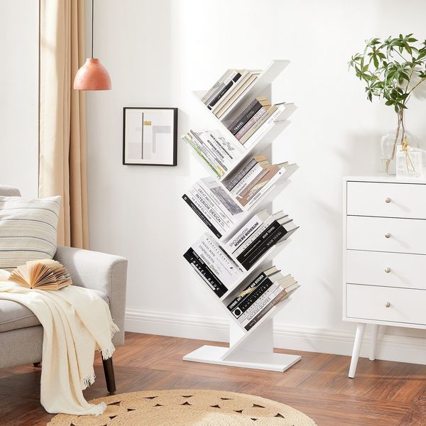 Vasagle Bücherregal, 8 Ebenen, Baumform, Standregal, CD Regal aus Holz für Wohnzimmer, Büro, Weiß von Songmics LBC11WTV1
