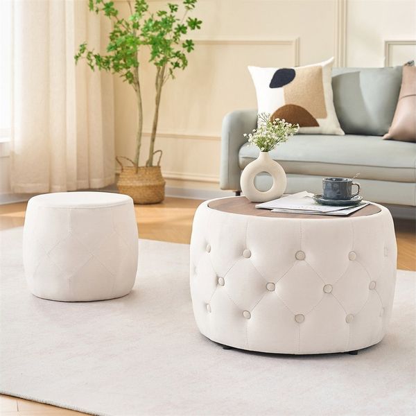 REDOM Sitzhocker Nesting-Hocker Set (runder Stauraum-Fußhocker mit Holzablage, kein Aufbau erforderlich, 1 St, 58 x 58 x 38 cm)
