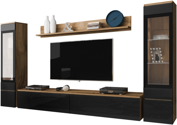 Wohnwand Doppo II (Farbe: Wotan / Schwarz Hochglanz, ohne Beleuchtung)