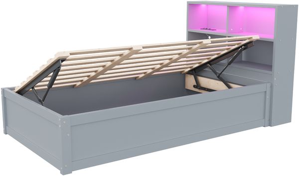 Schlafsofa 90*200, mit Mehrfachsteckdose und mehreren Staufächern, mit Lichtleiste, hydraulisches Bett, Massivholzbett, Einzelbett, multifunktionales Holzbett, Grau. Bild 9