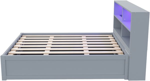 Schlafsofa 90*200, mit Mehrfachsteckdose und mehreren Staufächern, mit Lichtleiste, hydraulisches Bett, Massivholzbett, Einzelbett, multifunktionales Holzbett, Grau. Bild 10