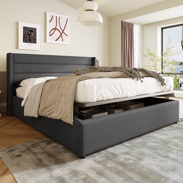 Novelux Polsterbett 160x200 cm mit Stauraum & Hydraulikfunktion – Doppelbett aus Leinen in Grau inkl, Holz-Lattenrost & Metallrahmen, 199kg Tragkraft