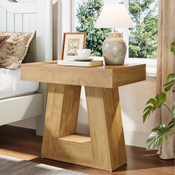 Tribesigns Nachttisch 2-stöckiger moderner Nachttisch, Nachttisch aus Holz mit Trapezbasis