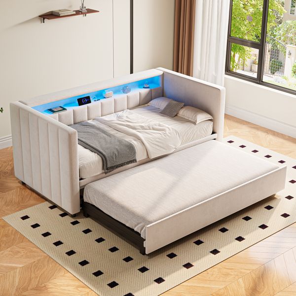 Polsterbett Ausziehbett 90/180x190 cm ohne Matratze, Samt in Beige mit LED, USB-C, Stauraum und Lattenrost