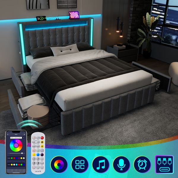 Polsterbett mit USB- und Typ-C-Anschluss, LED-Beleuchtung, 4 Schubladen, Stoffbett 160x200 cm,Grau