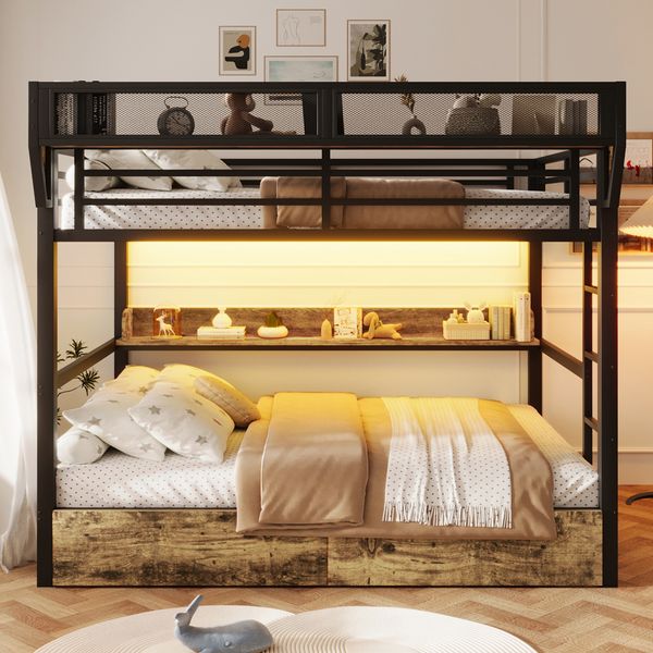 Etagenbett, 140x 200 cm, Eisenbett, Ablagebord, Aufbewahrungskorb, 2 Eisenschubladen, LED-Licht, ohne Matratze, Schwarz