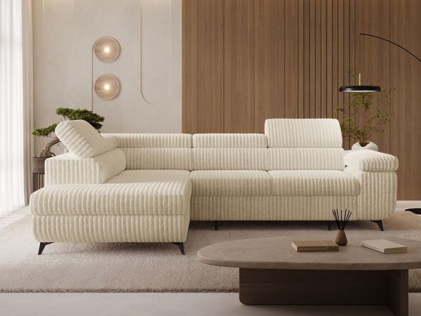 GRAINGOLD Ecksofa L-Form Argon L, Couch mit Wellenfeder, mit Schlaffunktion und Bettkasten, Cord-Stoff, Beige, Rechts