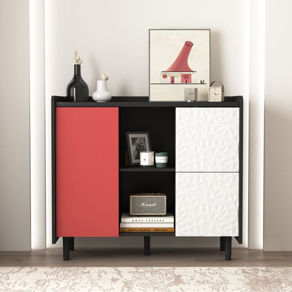 Sideboard aus MDF mit 2 Schubladen & offenen Fächern, 90 x 40 x 80 cm, Schwarz-rot