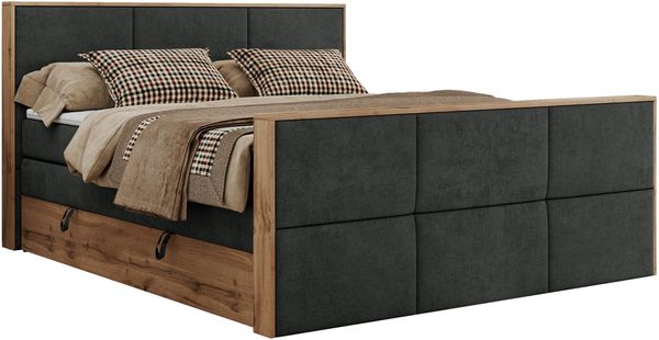Doppelbett, Boxspringbett mit zwei Multipocket-Matratzen und ein Topper, Bettkästen, Eiche Wotan Holzrahmen, genähtes Kopfteil und Front - ALBERO 2 KING DUO - 120 x 200 cm - Dunkelgrau Stoff - H3 Bild 4