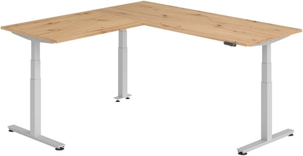 bümö Eckschreibtisch elektrisch höhenverstellbar L-Form: 200 x 200 cm in Asteiche, Gestell silber - Stehschreibtisch mit Memory-Steuerung, elektrischer XXL Schreibtisch für die Ecke, XDSMW-2012-R-S