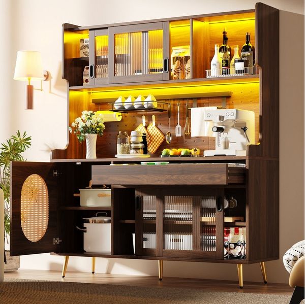 Odikalo Küchenbuffet Küchenschrank Buffetschrank mit LED (145x39x171cm, Landhausstil, 5 Türen, mit LED-Lichtleiste & Ordnungslockplatte, Fluted Glas Türen)