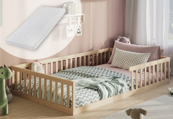 Kids Collective Kinderbett Bodenbett Bett mit Rausfallschutz & Lattenrost Montessori Bett Kinder (weitere Größen, 90x200, 140x200 cm), Jugendbett Einzelbett mit Matratze, natur Kiefer 120x200 cm