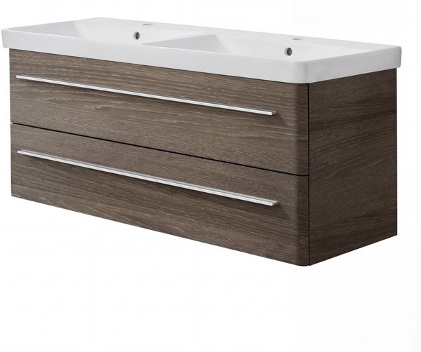 LANZET K8 Waschbecken mit Unterschrank 120 cm breit, Braun dunkel, Doppelwaschbecken Keramik Weiß