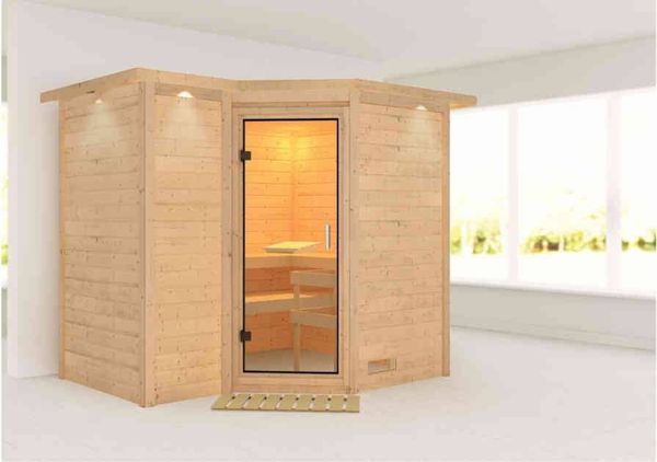 Karibu Sauna Sahib 2 mit Dachkranz ohne Ofen Klarglas Ganzglastür