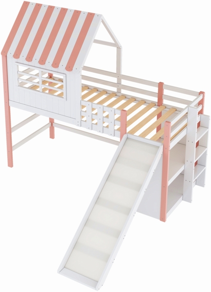 Kinderhochbett mit Rutsche und Stauraum 90x200 cm, Massivholz Kiefer mit Dachdesign,Spielbett Rosa Bild 6