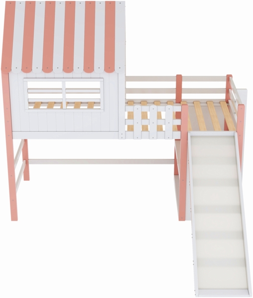 Kinderhochbett mit Rutsche und Stauraum 90x200 cm, Massivholz Kiefer mit Dachdesign,Spielbett Rosa Bild 10
