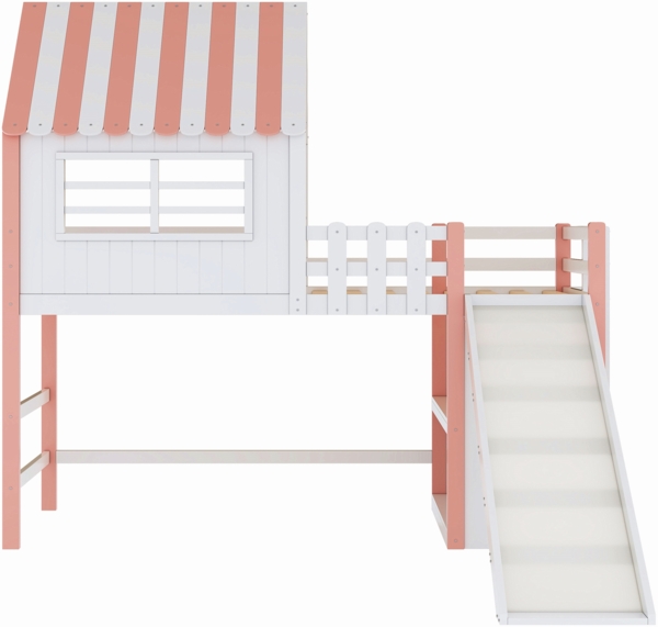 Kinderhochbett mit Rutsche und Stauraum 90x200 cm, Massivholz Kiefer mit Dachdesign,Spielbett Rosa Bild 9