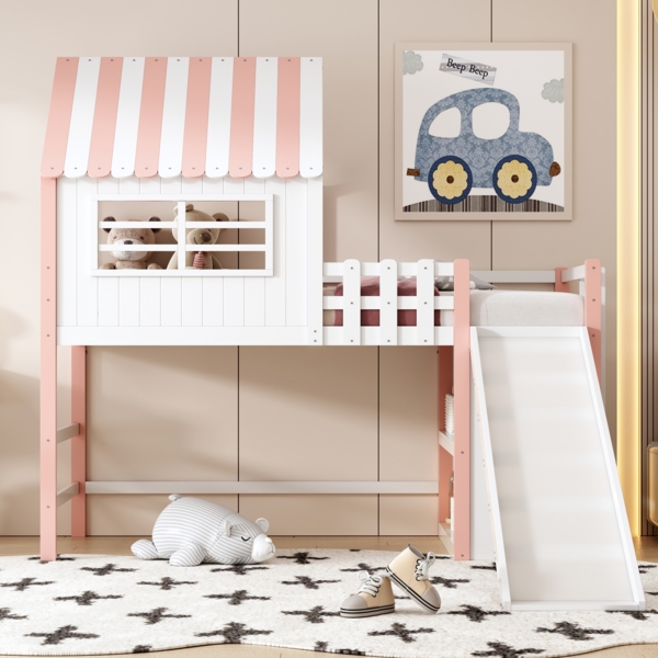 Kinderhochbett mit Rutsche und Stauraum 90x200 cm, Massivholz Kiefer mit Dachdesign,Spielbett Rosa Bild 3
